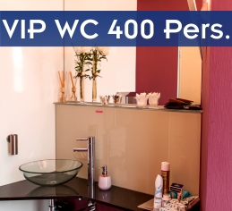Hochwertiges Innendesign im VIP-WC mit stilvollem Glaswaschbecken und moderner Armatur.