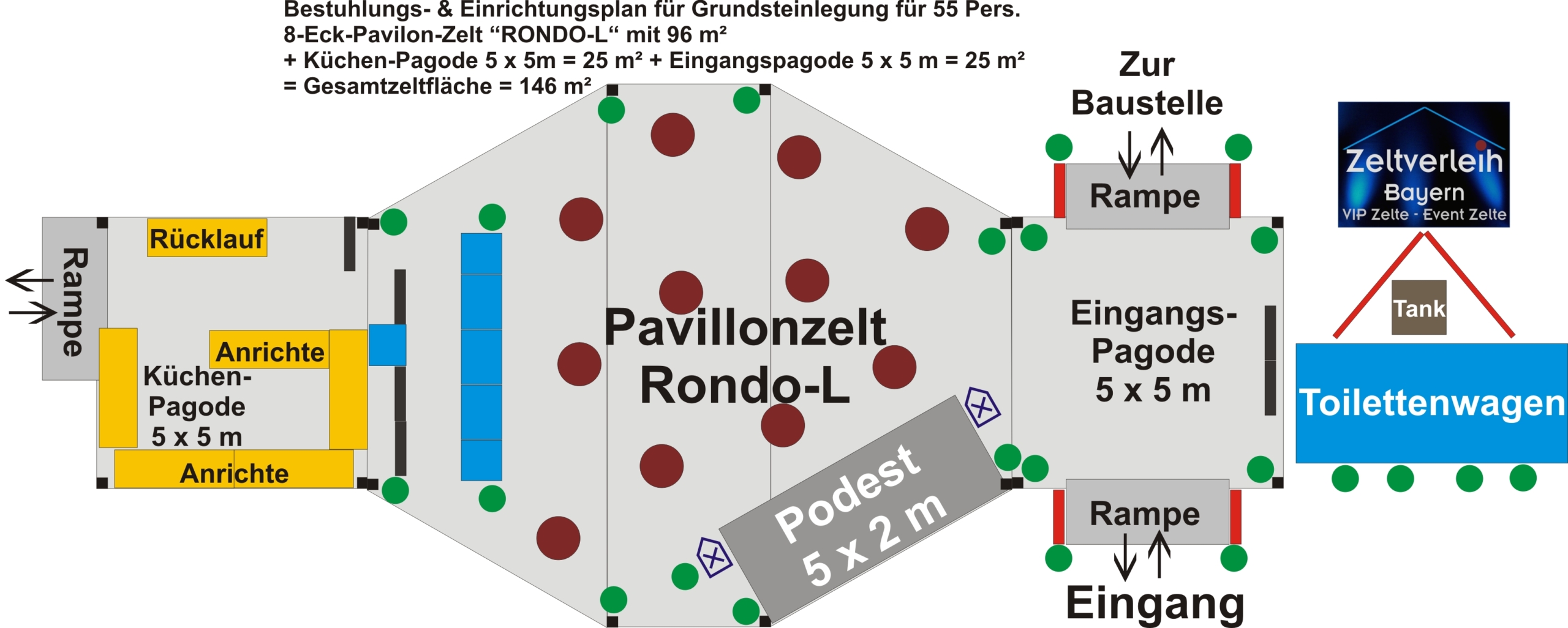 Zeltverleih Bayern | Referenz BMW Grundsteinlegung Landshut Zeltplan Pavillonzelt RONDO mit 2 Pagodenzelte für 55 Personen an Stehtischen, Bühne und Baremelemente