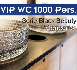 Exklusive Glas-Waschbecken im VIP-Toilettencontainer für 1.000 Personen mit optionalem Reinigungsservice vor Ort.