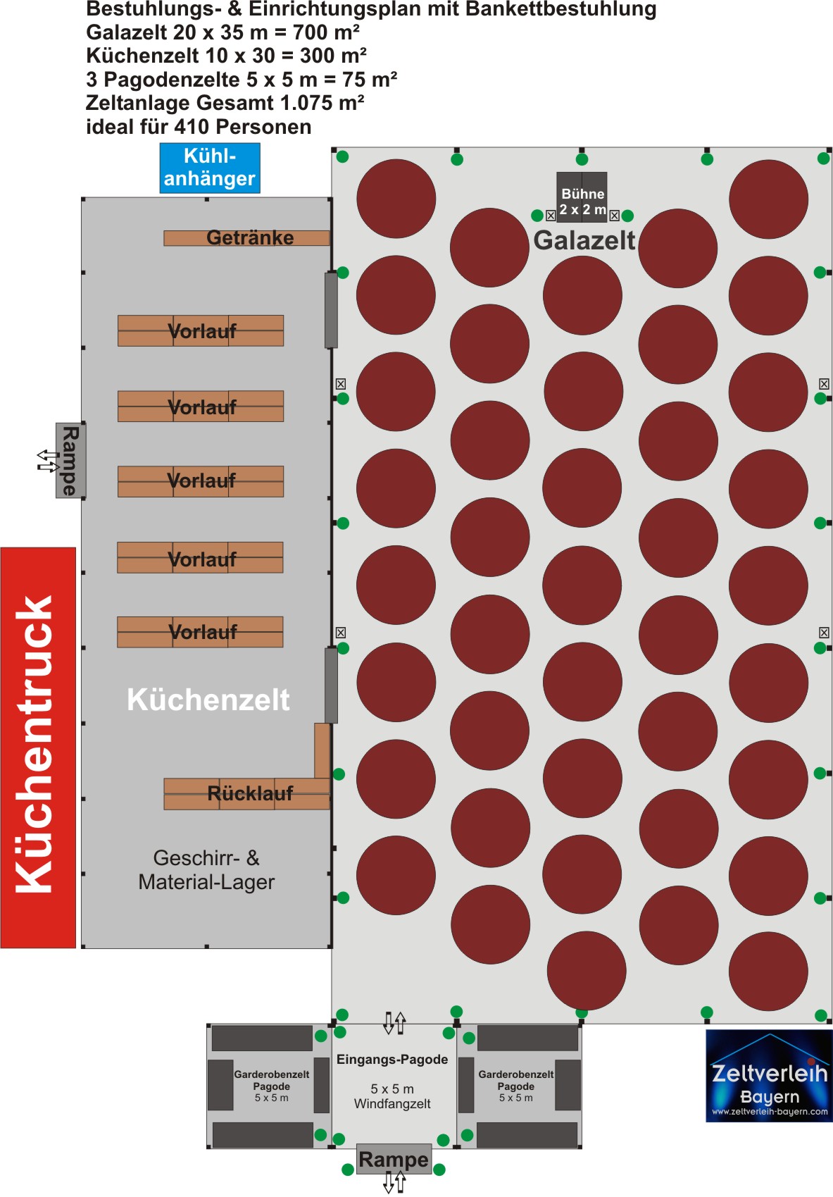 Bestuhlungsplan zur Gala: runde Banketttische im VIP-Zelt für 500 Personen