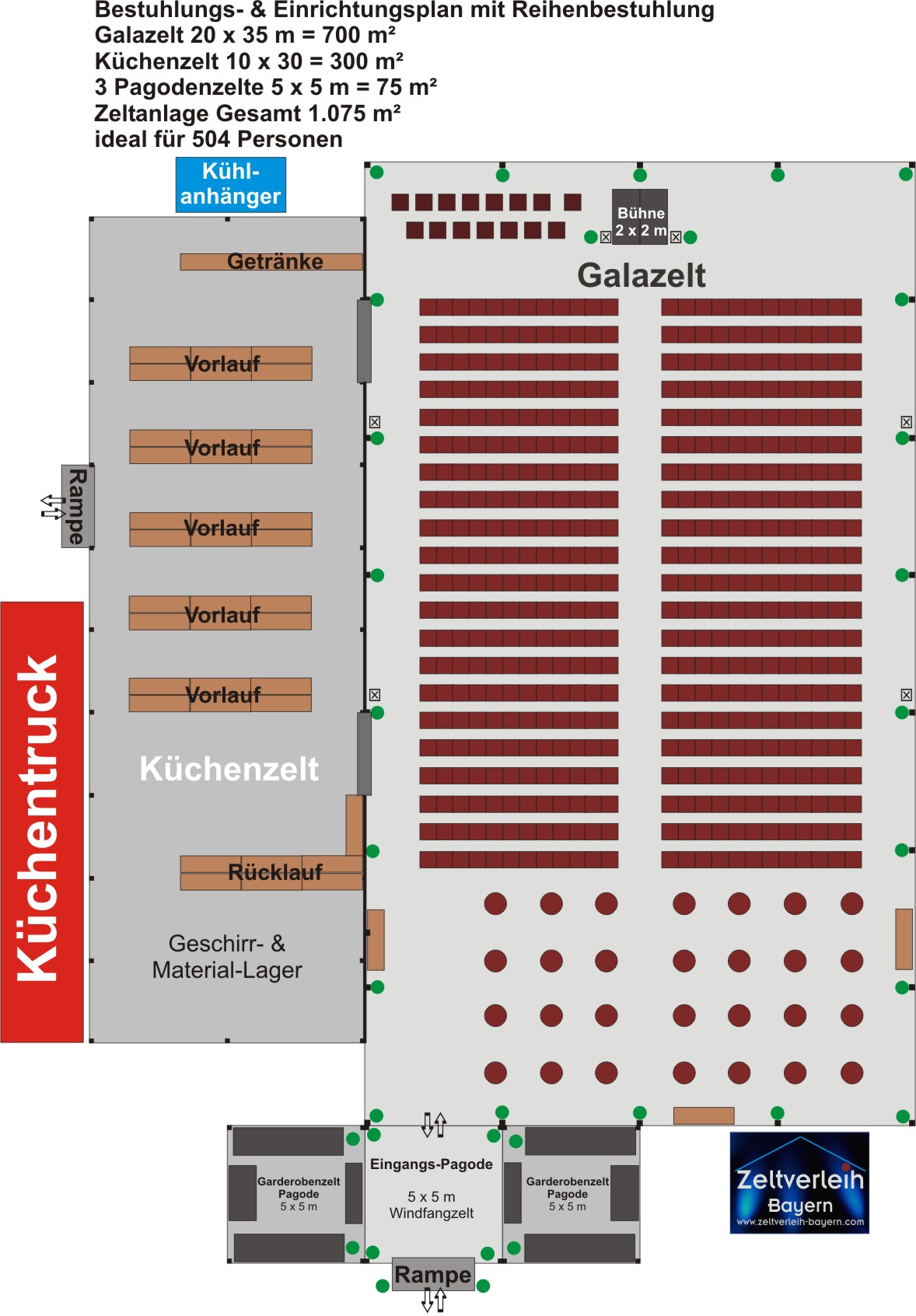 Bestuhlungsplan zum Festakt mit Reihenbestuhlung im VIP-Zelt für 500 Personen